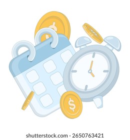 Concept of timely payment reminder for services. Calendar and alarm clock with gold coins around it. Reminder for utility payments. Timely payment planning. Reminder app. flat design.