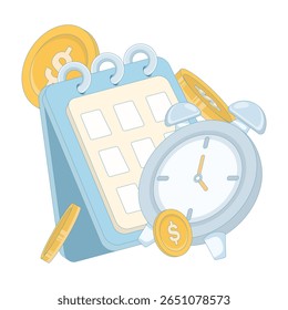 Concept of timely payment reminder for services. Calendar and alarm clock with gold coins around it. Reminder for utility payments. Timely payment planning. Reminder app. flat design.