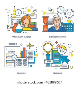 Concept of timetable of classes, business planning, training schedule, research. Color Line icons collection.