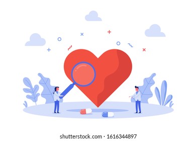 concept of tiny doctor holding magnifying glass for checking heart and drugs in front, vector flat illustration for web, landing page, ui, banner, editorial, mobile app and flyer