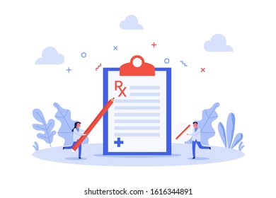 concept of tiny doctor holding pencil to check medical report and holding tablet, vector flat illustration for web, landing page, ui, banner, editorial, mobile app and flyer