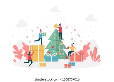 concept of tiny people decorate Christmas tree together, happy new year celebration with snowman, vector flat illustration for web, landing page, ui, banner, editorial, mobile app and flyer.