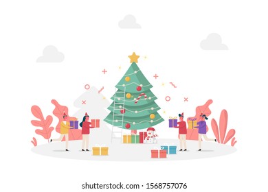 concept of tiny people holding gifts for decorate Christmas tree, new year celebration with snowman, vector flat illustration for web, landing page, ui, banner, editorial, mobile app and flyer.