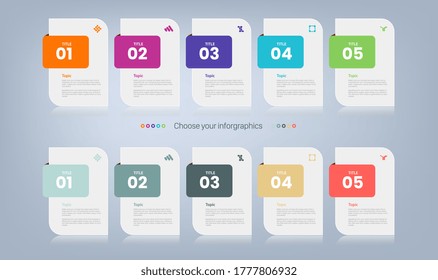 Concept of Title business model with 5 successive steps, 2 Columns of Topics  10 colorful graphic elements. Timeline design for brochure, presentation. Info graphic design layout. Website banners.