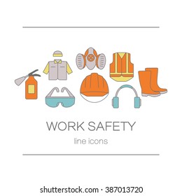 Concept of title site page or banner for safety work including tools. Modern line style labels of safety and protection elements. Vector illustration. 