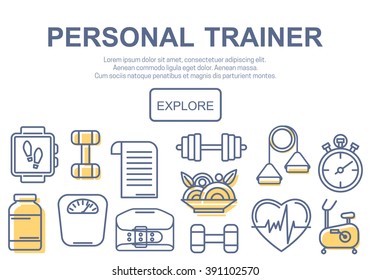 Concept of title site page or banner for personnel trainer program includes sports equipment, objects for gym training, bodybuilding and active lifestyle. Vector illustration. 
