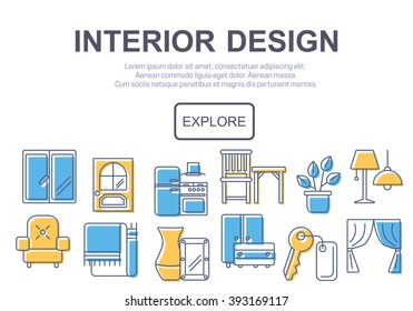 Concept of title site page or banner for interior design website includes furniture, decor elements and light design symbols. Vector illustration. 