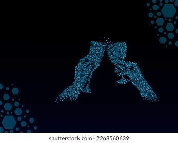 concept for toasting or cheering for a celebration in a blue futuristic setting made from low poly hexagons