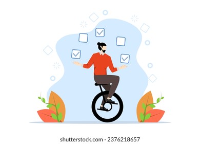 Concept of Todo list of professional, business or work achievements, project management for tracking completed tasks or checklist for checking completion, businessman juggling checkboxes on a unicycle