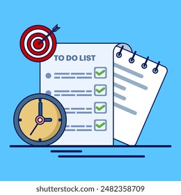 Concept of To-do list, reminder, Clipboard with checklist on a white sheet of paper. A list of questions. Documents on the table. target, tick mark, management, timeline, business planner.