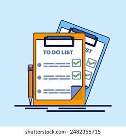 Concept of To-do list, reminder, Clipboard with checklist on a white sheet of paper. A list of questions. Documents on the table. target, tick mark, management, timeline, business planner.