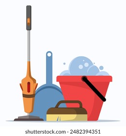 Concepto de Herramientas para limpieza y tareas domésticas. Aspirador, cepillo de barrido, recogedor, cubo lleno de agua y jabón. Linda Ilustración vectorial de estilo plano.