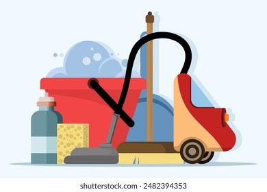 Concepto de Herramientas para limpieza y tareas domésticas. Aspirador, cepillo de barrido, recogedor, cubo lleno de agua y jabón. Linda Ilustración vectorial de estilo plano.