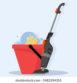 Concept of Tools for cleaning and housework. Vacuum cleaner, floor sweeping brush, dustpan, bucket filled with water and soap suds. Cute flat style vector illustration.
