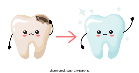 Concept Of Tooth Decay Treatment. Cute Kawaii Teeth. Vector Illustration In Cartoon Style.