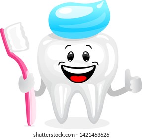 Concept of tooth healthy and tooth brushing. Character tooth with toothbrush on hand and toothpaste on head in cartoon style on white background. 