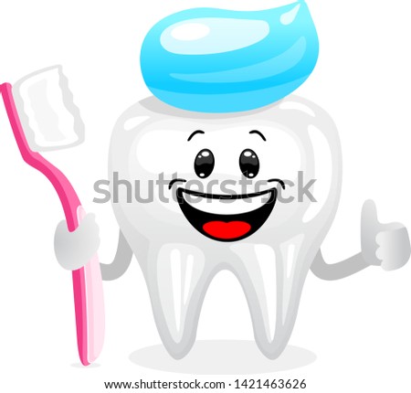 Concept of tooth healthy and tooth brushing. Character tooth with toothbrush on hand and toothpaste on head in cartoon style on white background. 