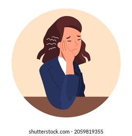 Concept of toothache. Girl props her cheek with her hand and cries. Illness, dentist, health care. Young woman feeling pain, suffering. Cartoon flat vector illustration isolated on white background