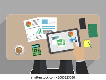 Concept top view ,businessman work with taplet and drinking coffee on table. vector illustration