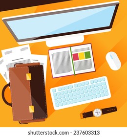 Concept with top view of office desk with keyboard, briefcase, stationery and personal accessories of businessman. Flat design modern concept of creative office workplace