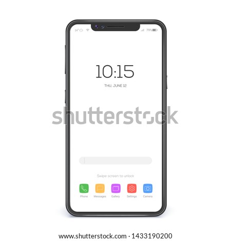Concept of touch screen smartphone with blank interface. Element of interface on screen icons and buttons isolated on white background. Mobile phone wireless communication. Vector 3d illustration.