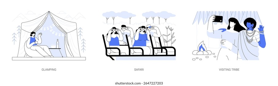 Concept tour ilustrações de vetor de desenhos animados isolados set. Férias glamourizadas, acampamentos de luxo, viver na natureza, safári, viajar para a África, visitar uma tribo, caricaturas tradicionais vetoriais da cultura.