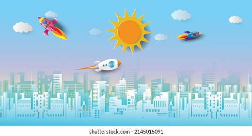 Concept, tourism and air transportation. Cityscape with bright sky, clouds and airplanes.
