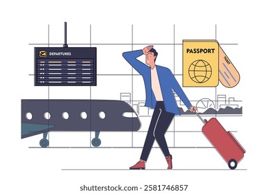 Concept of tourism. Man with baggage in airport. Travel and trip, journey. Holiday and vacation. Tourist waits for plane to arrive. Flight and trip. Linear vector illustration