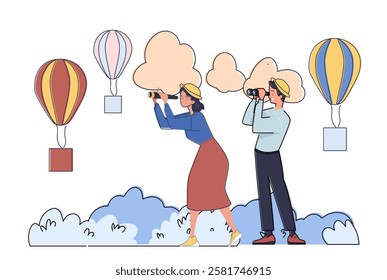 Concept of tourism. Man and woman with binoculars look at air balloons. Travel and trip, journey. Holiday and vacation. Love and romance. Happy couple outdoor. Linear vector illustration