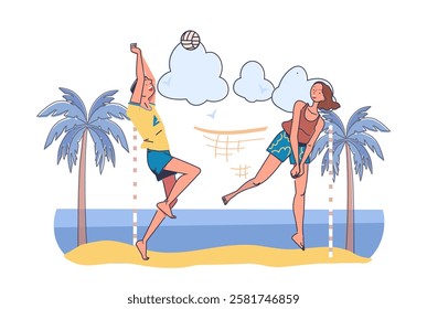 Concept of tourism. Man and woman playing beach volleyball. Active lifestyle and sports. Holiday and vacation. Tourists spending time together at coastline. Linear vector illustration