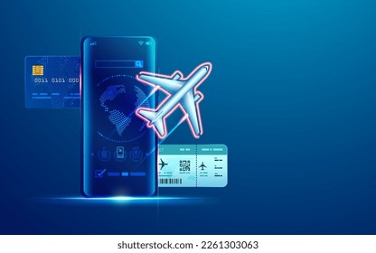 concept of tourism tech or aviation technology, graphic of airplane and mobile phone with travel application