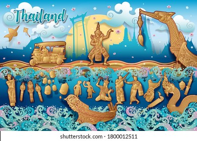 Concept of tourism and Thai culture. The most beautiful places and culture in 4 regions of Thailand that should be visited. Collection set for use illustration vector and simple design.