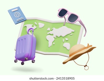 Concept of tourism and traveling abroad. Realistic passport, pink sunglasses, purple trolley bag for transporting things, beautiful hat and open paper map. Vector illustration in 3d cartoon style