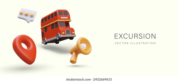 Concept of tourist excursions. Bus tours with guide. Advertising banner in cartoon style