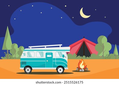 The concept of a tourist motorhome and a car in a forest landscape.