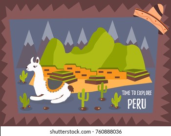 Afiche turístico del Perú con llama linda y Machu Picchu