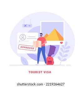 Concept of tourist visa, travel, approved visa, tourist guide. Young man tourist with guide map visits world attractions and landmarks. Traveling abroad with foreign passport. Vector illustration