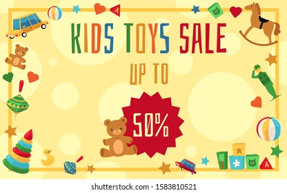 Concept Of Toy Sales In A Store For Children, Banner And Flyer Template. Flat Cartoon Vector Illustration For Toy Sale.