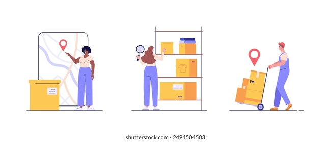 Concept of tracking delivery, order tracking, delivery service. Courier delivering package with GPS tracker. Customer tracking delivery. Vector flat cartoon illustration for UI web banner, mobile app