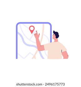 Concept of tracking delivery, order tracking, delivery service. Courier delivering package with GPS tracker. Customer tracking delivery. Vector flat cartoon illustration for UI web banner, mobile app