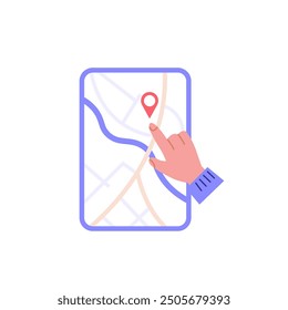 Concept of tracking delivery, order tracking, delivery service. Courier delivering package with GPS tracker. Customer tracking delivery. Vector flat cartoon illustration for UI web banner, mobile app