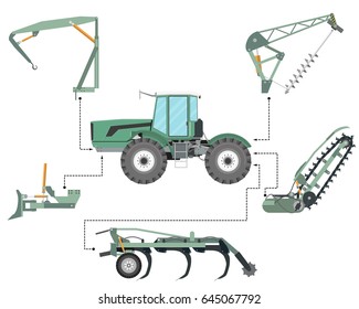 The concept of a tractor mounted equipment for construction and agriculture on a white background. Vector illustration