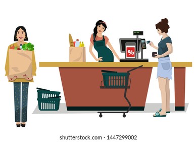 The concept of trade in the store. Discounts on goods, buyers with purchases.  A woman holds a credit card at the checkout at the supermarket. Woman cashier working at the cash register. Vector. 