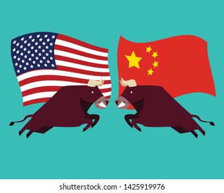 Concept of trade war between USA and China. Two bull fighting. vector illustration