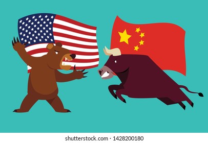 Concept of trade war between USA and China. bull and bear are fighting with america and china flag background. vector illustration