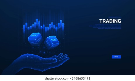 Concept of trading in Stock Market. Hand shows dices and chart. Digital Trading, Stock Market or Investment Concept. Low poly wireframe vector illustration.