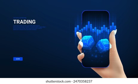 Concept of trading in Stock Market on phone. Hand holds smartphone with dices and chart. Digital Trading, Stock Market or Investment Concept. Low poly wireframe vector illustration.