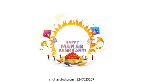 Concept of traditional Makar Sankranti Festival. Background of sky and Kite flying. Poster banner template. Vector illustration.