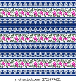 Concepto: El refinamiento tradicional se une a la gracia botánica El concepto de este diseño está inspirado en la elegancia atemporal de la porcelana clásica y las artes decorativas tradicionales. El patrón está estructurado en bandas Horizontales rítmicas, alternando entre intrincados bordes ornamentales blancos y vides botánicas que fluyen. El contraste entre las profundas rayas azules reales y las vibrantes flores rosadas crea una sensación de lujo y equilibrio. Esta composición representa una fusión de motivos arquitectónicos estructurados y la fluidez orgánica de la naturaleza, con el objetivo de evocar una sensación de herencia sofisticada y belleza duradera.
Tema: Decoración floral romántica y ornamental clásica El tema es el clasicismo atemporal, que combina una estética aristocrática con un ambiente romántico de jardín. La paleta de colores azul y blanco real proporciona una base limpia y real, mientras que las flores rosadas agregan un toque de calidez y feminidad. Este diseño versátil es ideal para textiles de alta gama para el hogar, Fondo de pantalla lujoso, papelería elegante para eventos, marca decorativa de estilo cerámico y empaques de regalo sofisticados que tienen como objetivo proyectar un sentido de clase, tradición y detalle artístico.