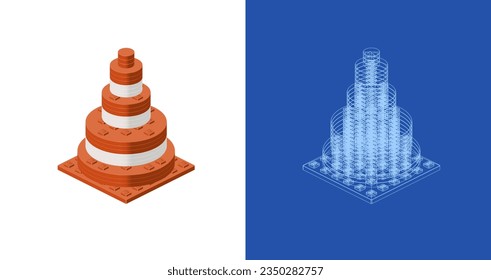 Concept with traffic cone in isometric style for print and decoration. Vector illustration.